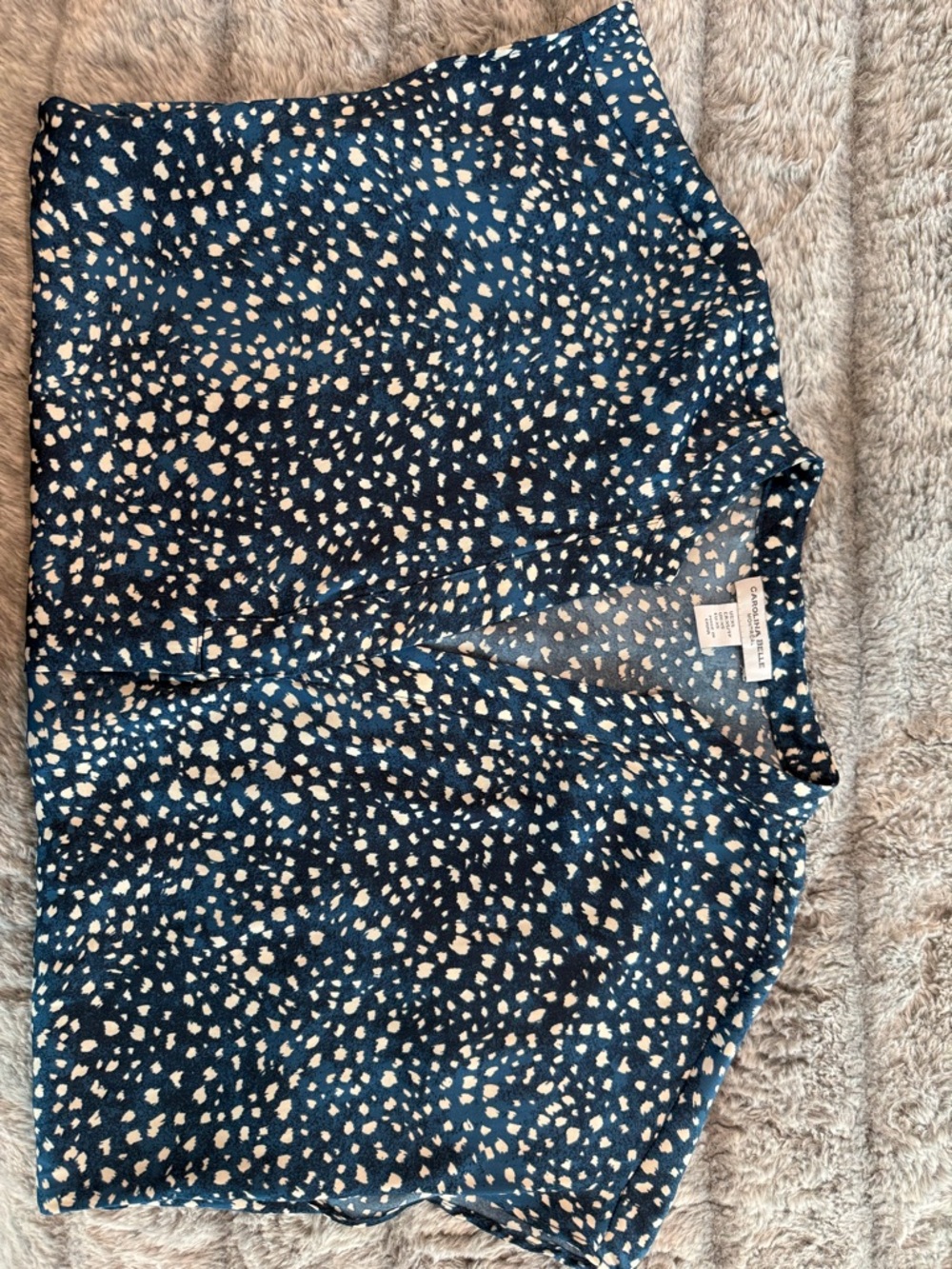 Carolina Belle Blue and Tan Printed V-Neck Cap Sleeve Top - Picture 3 of 3